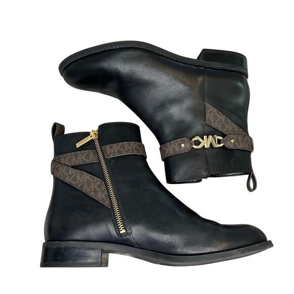 Michael Kors Farrah Flat Black Leather Gold Logo Ankle Boot 8.5 - Picture 5 of 8